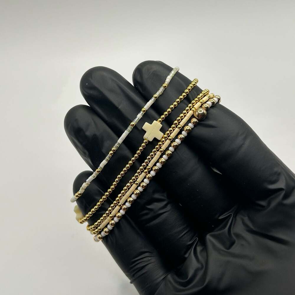 Enewton Inspired Bead Bracelets Waterproof Gold Plated 5 Pc. New Stretchy Beige